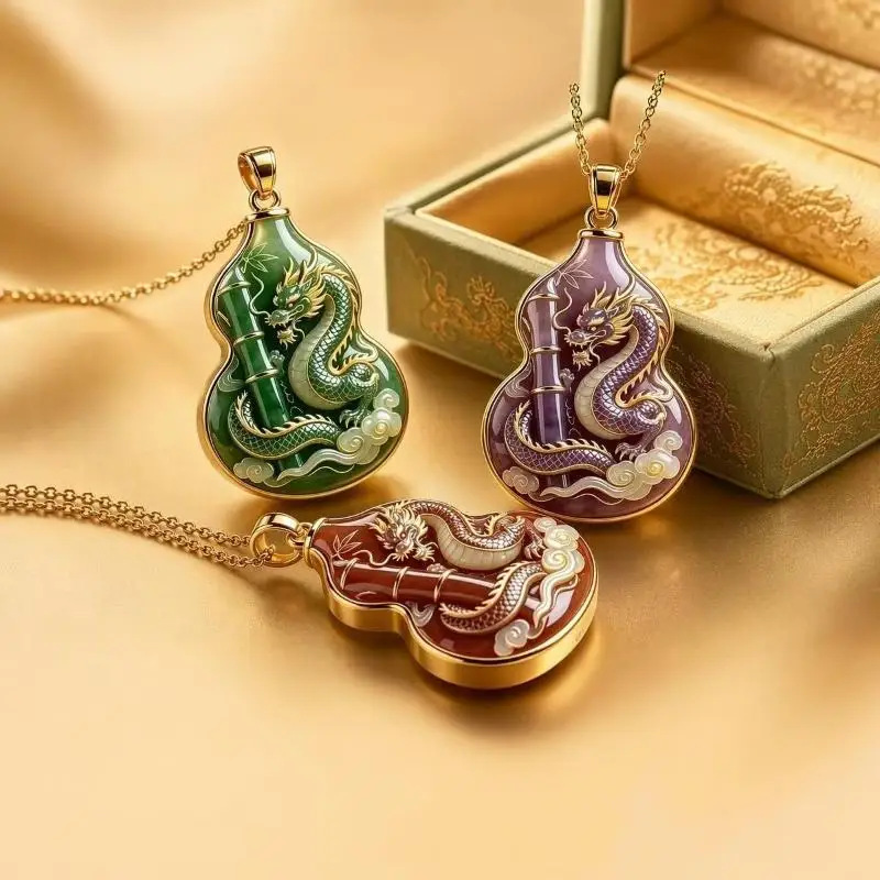 Chinese Lucky Dragon Phoenix Enamel Gourd Pendant Necklace Totem Ethnic Jewelry Minimalist Unisex Fashion