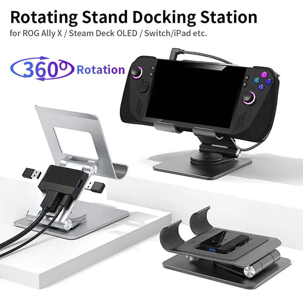 For ROG Ally X 360 Rotating Expansion Bracket Cooling Base Metal Bracket Docking Station 4K 100W Dual Fan SteamDeck Dock