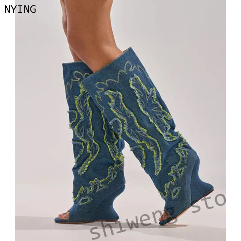 

2026 Women Cowboy Knee High Boots Denim Cloth Fashion Novelty Sexy Concise Elegant Shoes New Pointed Toe Boots 44