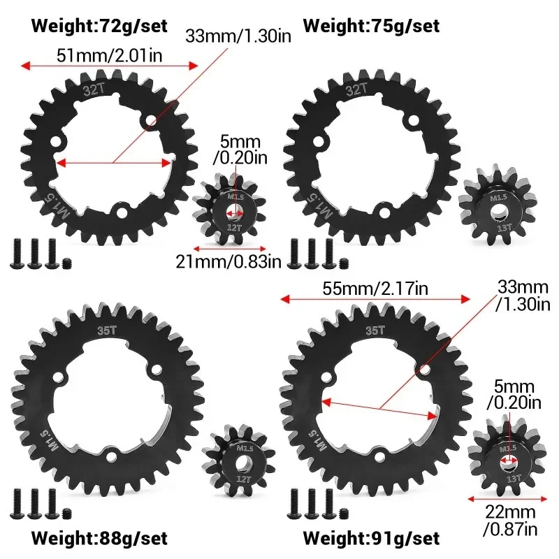 2 peças de aço endurecido 1.5mod 35t 32t engrenagem de dentes retos e conjunto de engrenagens de pinhão 12t 13t para trxs 1/5 x-maxx xmaxx 1/6 xrt peças de atualização