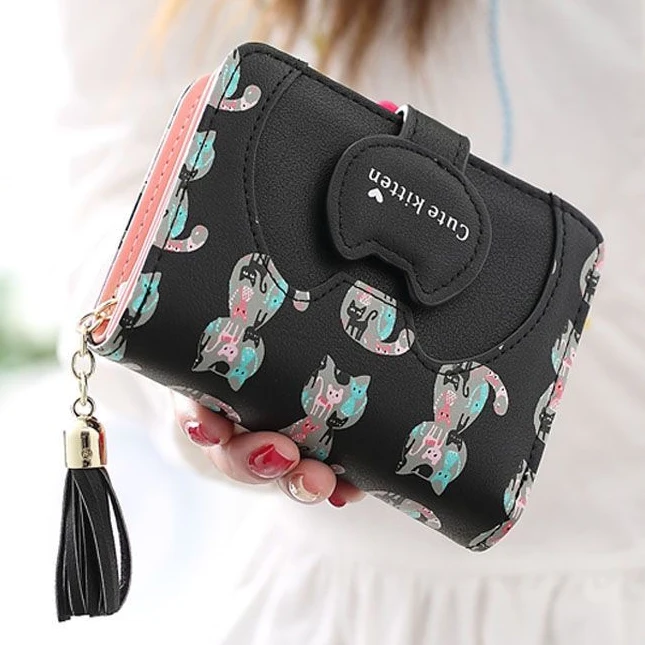 

Cat Wallets Short Zipper Hasp Coin Purse Cards Holder Woman Billfold Girls kitten Wallet Purses Clutch Money Tassels Bags