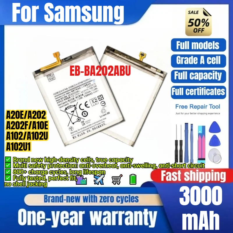 EB-BA202ABU for Samsung A20E/A202/A202F/A10E/A102/A102U/A102U1 Phone Battery High Capacity Replacement Bateria Grade A Cell