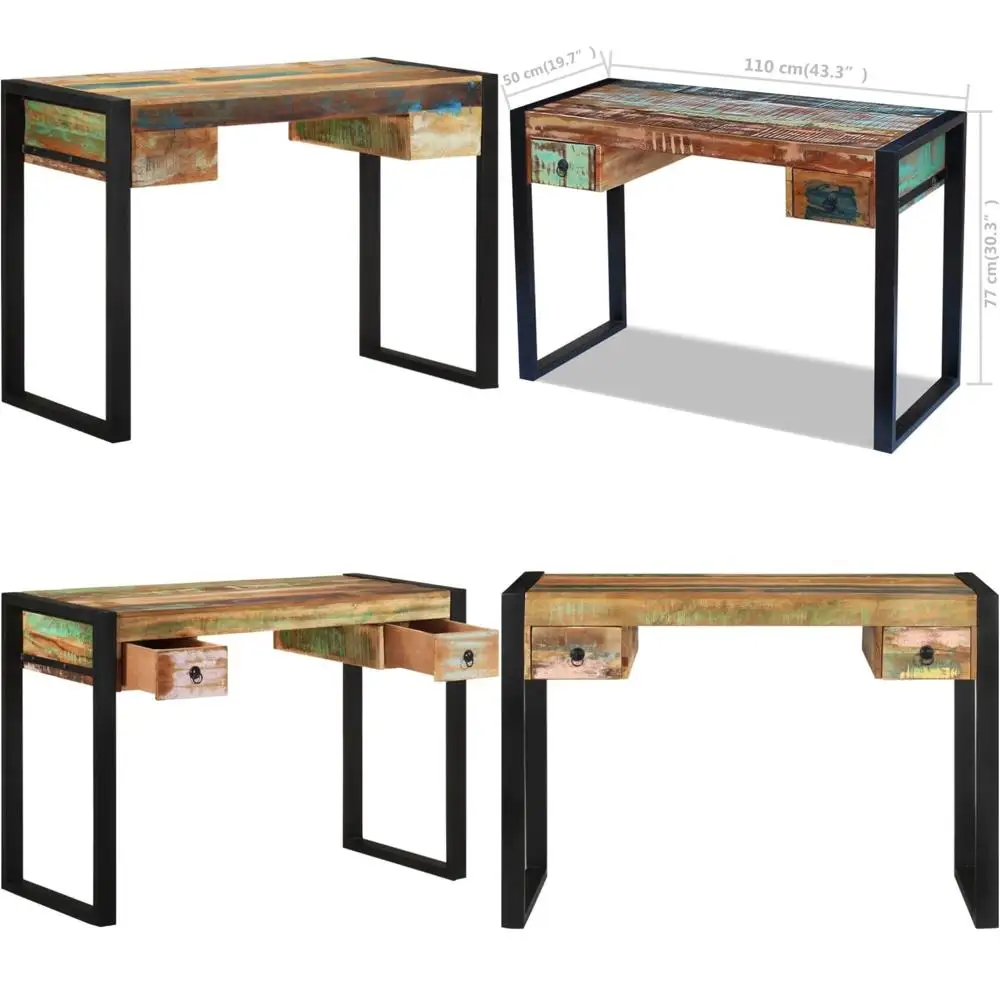 

Solid Reclaimed Wood Desk, Vintage Style Study Table with Steel Frame, 2 Drawers, Multicolor