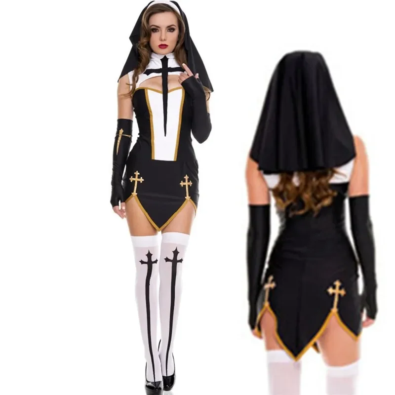 

New High quality Sexy Nun Costume Adult Women Cosplay Dress With Black Hood For Halloween Sister Cosplay Party Costume