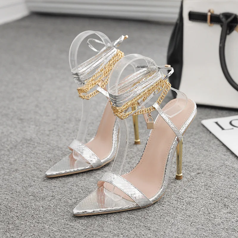 Women\'s Sandals High Heels 11.5CM New Chain Ankle Strap Gold White Pointed Toe Female Party Shoes Sandalias de mujer Size 35-42