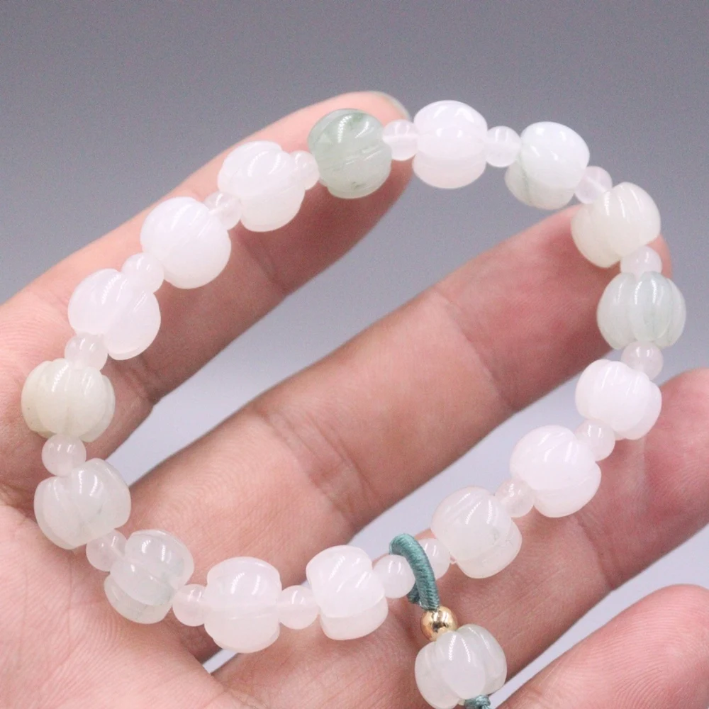 Natural White Jade Men Women Bless Lucky Gift 10mm Carved Pumpkin Beaded Bracelet