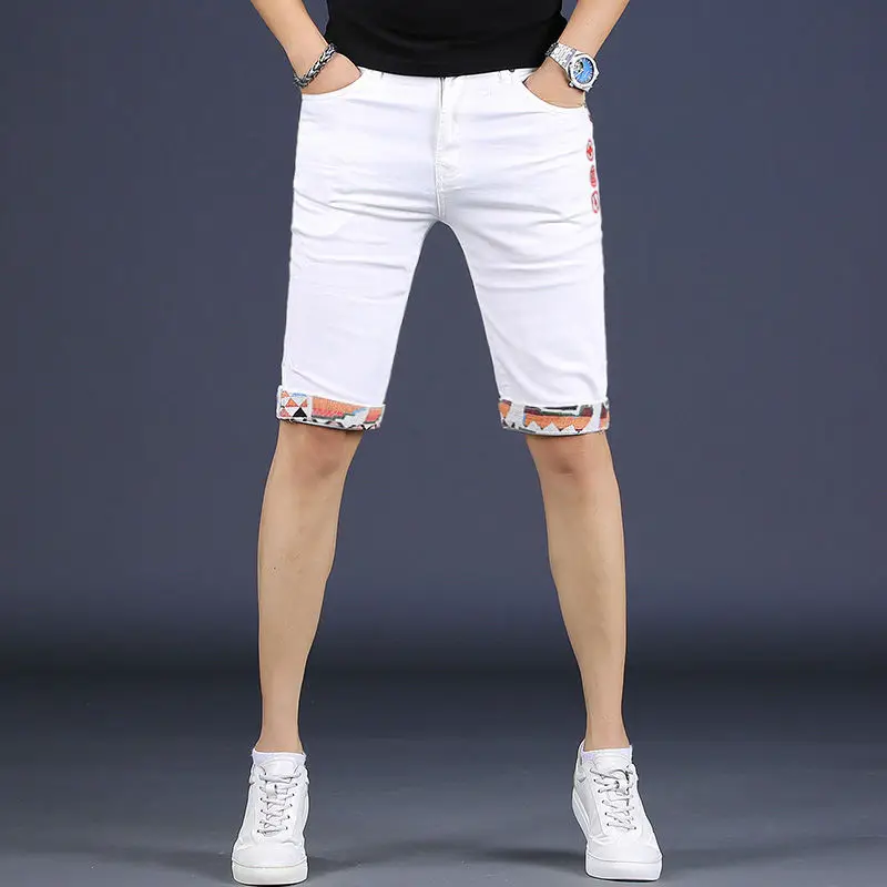 Summer New 2025 White Five-point Men's Korean High-end Embroidered Casual Denim Shorts Slim Elastic Pants Streetwear Clothing
