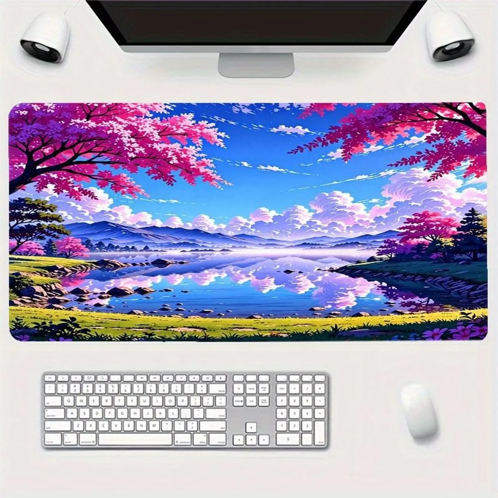 A vibrant anime-style mouse pad featuring serene natural landscapes, brilliant magenta trees, undulating hills and reflected