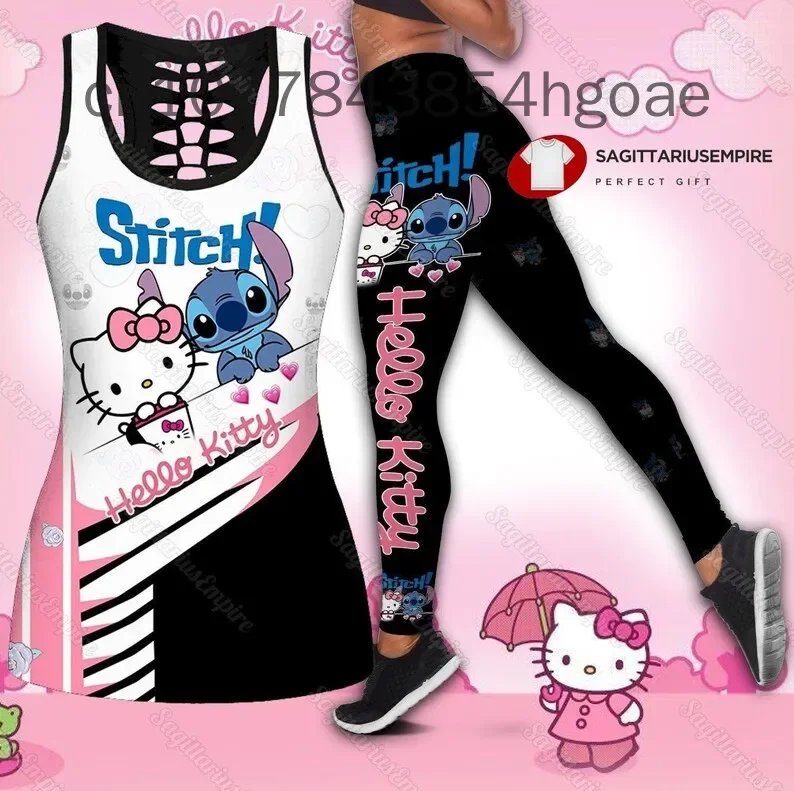 2024 Disney Stitch Women\'s Book Hollow Tank Top+Women\'s Leggings Yoga Wear Fitness Leggings Sports Suit Tank Top Leggings