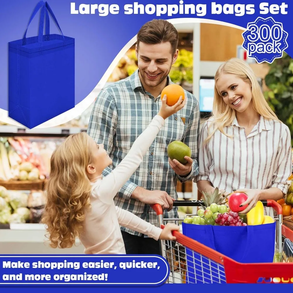 Herbruikbare draagtassen Bulk - 300 stuks niet-geweven boodschappentassen met handvatten, 8x4x10 inch, koningsblauw, boodschappen- en cadeautassen