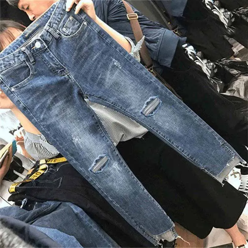 

New Korean Female Appear Thin Straight Cylinder Cropped Pants Hole Jeans Women Autumn Winter High Waisted Elastic Force Jeans