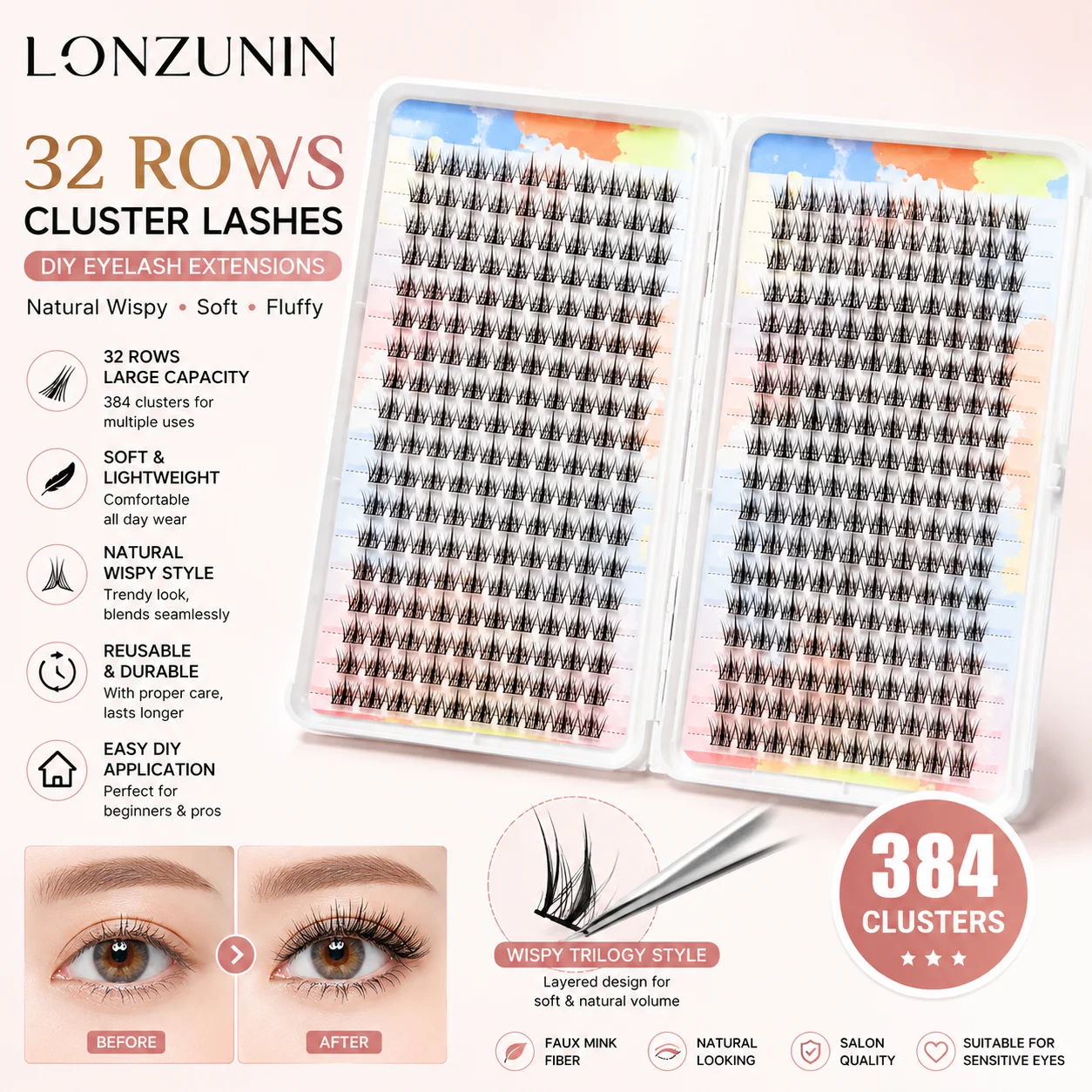 Natürliche Wispy Cluster Wimpern 32 Reihen DIY Einzelwimpernverlängerungen Weiche Faux Mink Wiederverwendbare Wimpernbüschel für Heimgebrauch & Profis