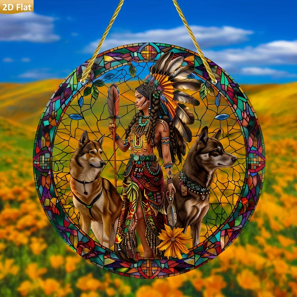 2D Flat, Vibrant Acrylic Suncatcher with Indigenous Woman and Dogs Design - Stained Glass Style, Colorful Home Decor for All Sea
