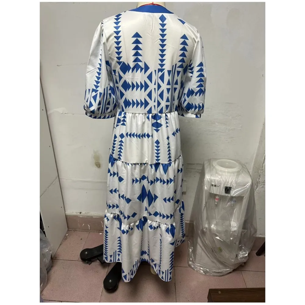 Vestidos holgados con estampado de verano para mujer, camisa con cuello en V y botones, vestido informal de playa elegante de manga corta para mujer 2025