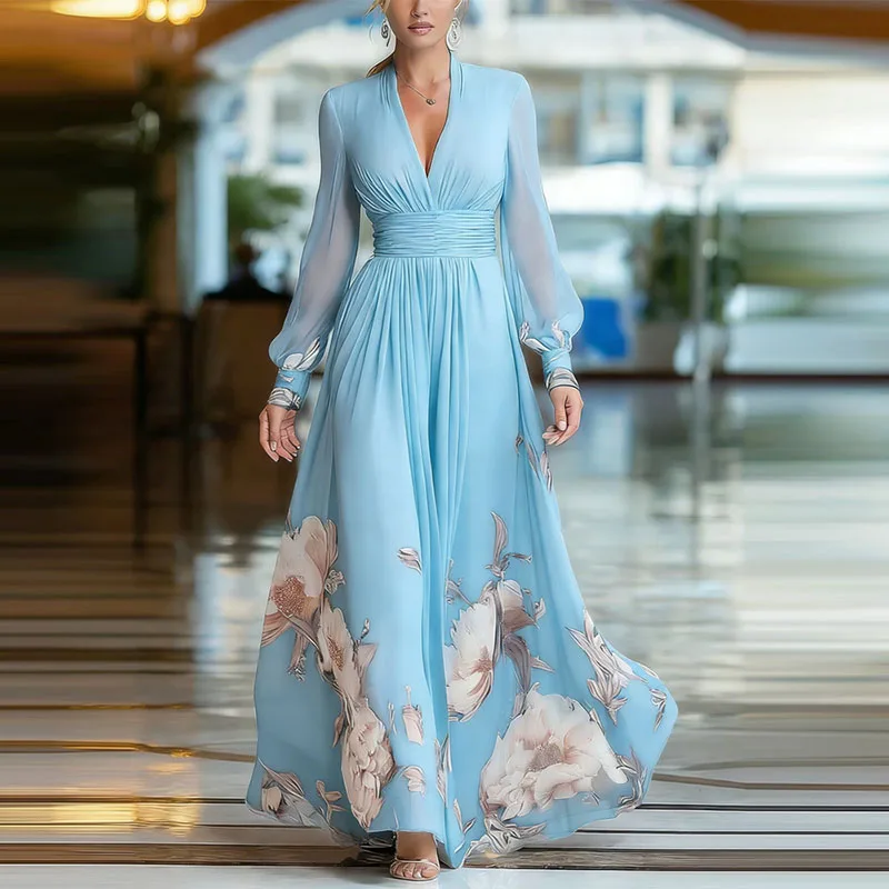

Весеннее шикарное макси-платье с цветочным принтом, женское сексуальное платье с глубоким V-образным вырезом, длинное платье с высокой талией, летнее полупрозрачное платье с длинными рукавами, струящееся бохо-платье