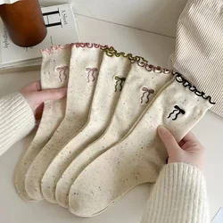 5 Pairs Women's Autumn And Winter New Style Simple And Trendy Dot Fungus Edge Mid Tube Socks With Lace Bow Women's Long Socks