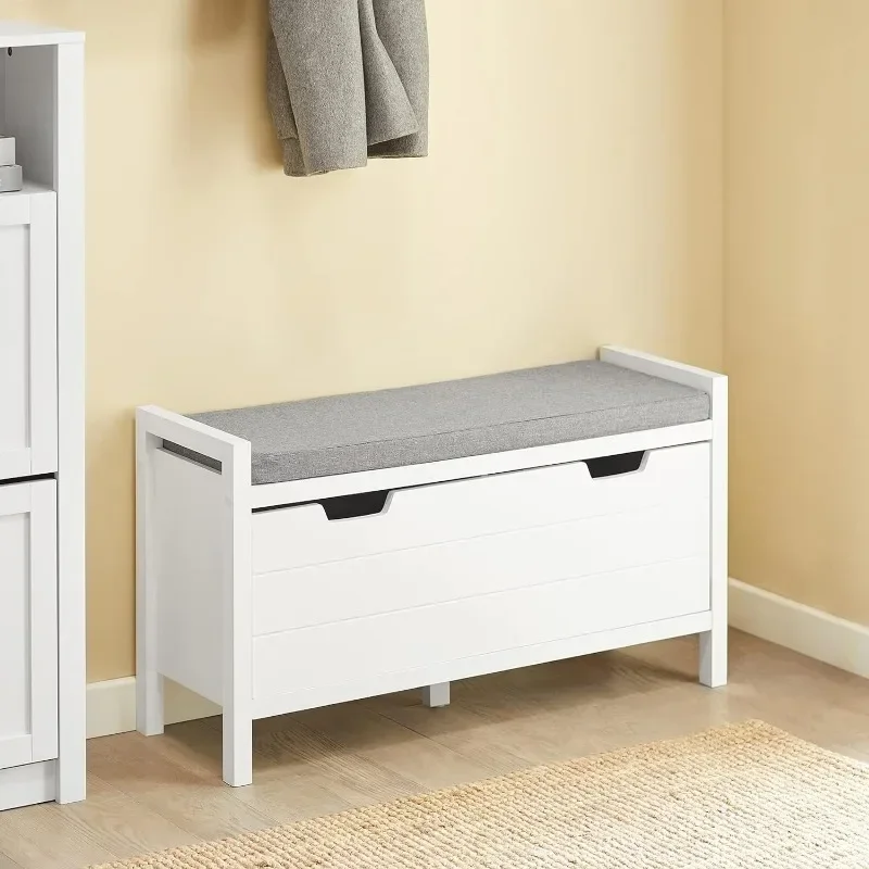 

White storage bench with flap door and padded shoe stool for entrance hallway and bedroom