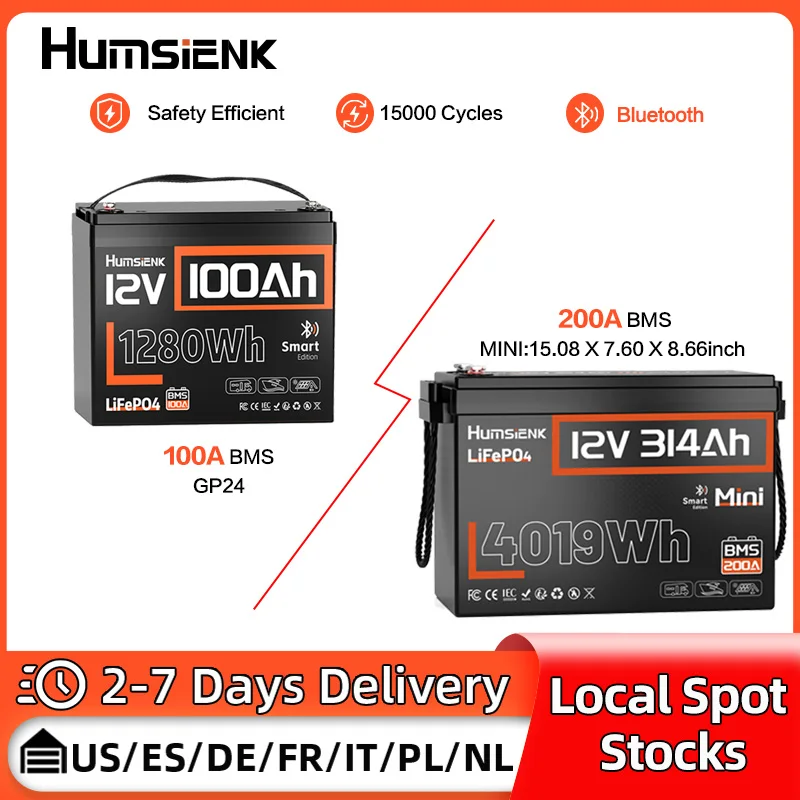 Batteria Bluetooth Humsienk LiFePO4 12V 100Ah 300Ah con alimentazione al litio 100A BMS per carrello da golf, camper, fuoristrada, casa, campeggio