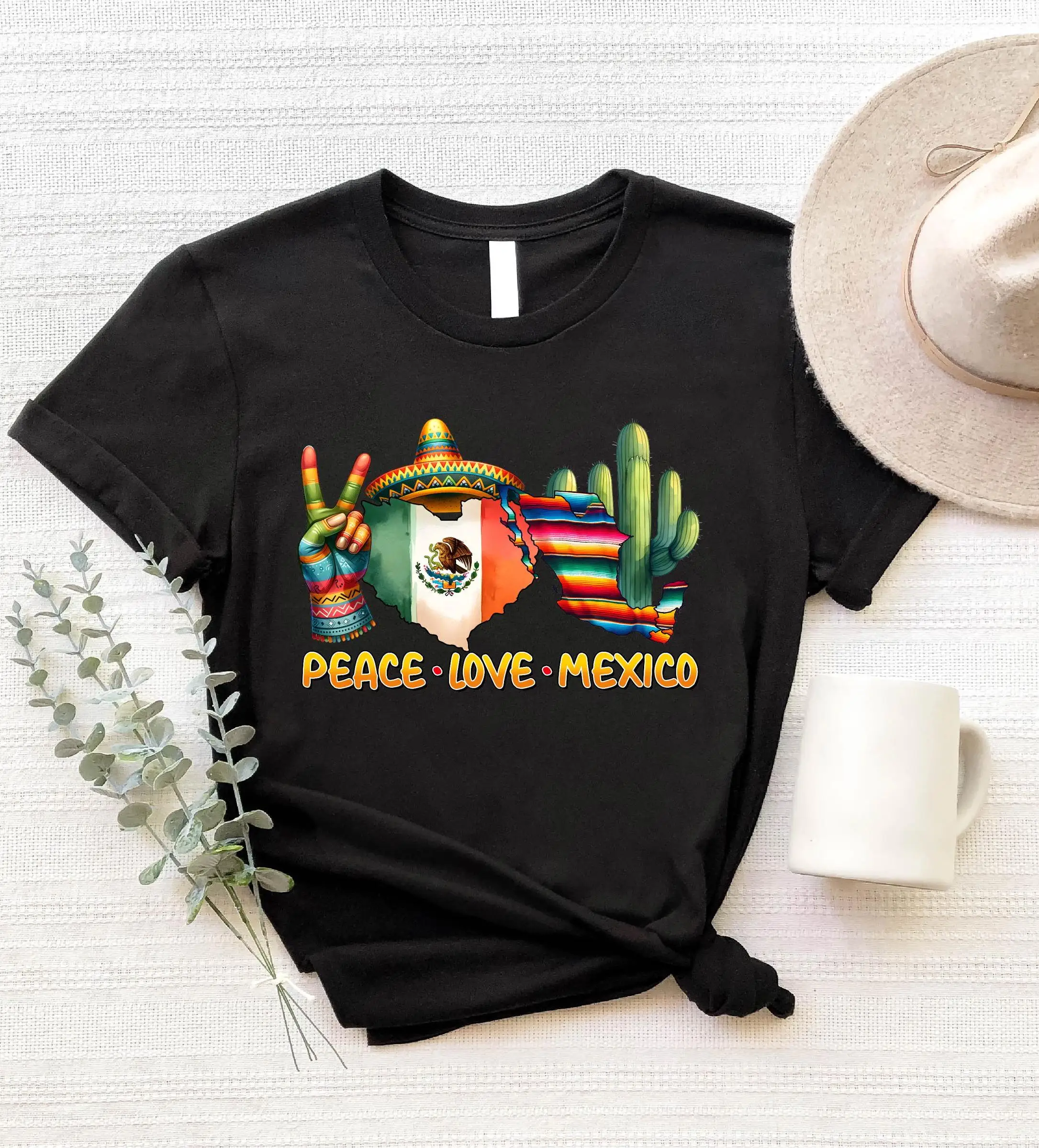 تي شيرت Peace Love Mexico Map تي شيرت عصري بعلم مكسيكي وتصميم مثالي لمحبي السفر الرائع