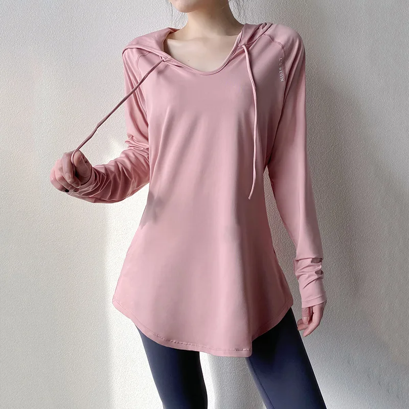Women's Loose Long Sleeve Yoga Shirt Long Running T Shirt Breathable Loose Hooded Fitness Clothing Quick Dry Sports Hoodie