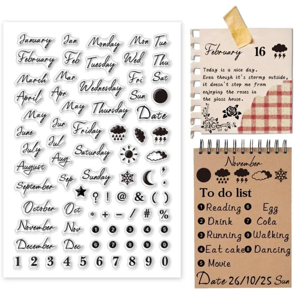 Handwritten Month Clear Stamp for Card Making Date Week Weather Stamp Number Symbol Transparent Stamp Seal Stamp for Journal