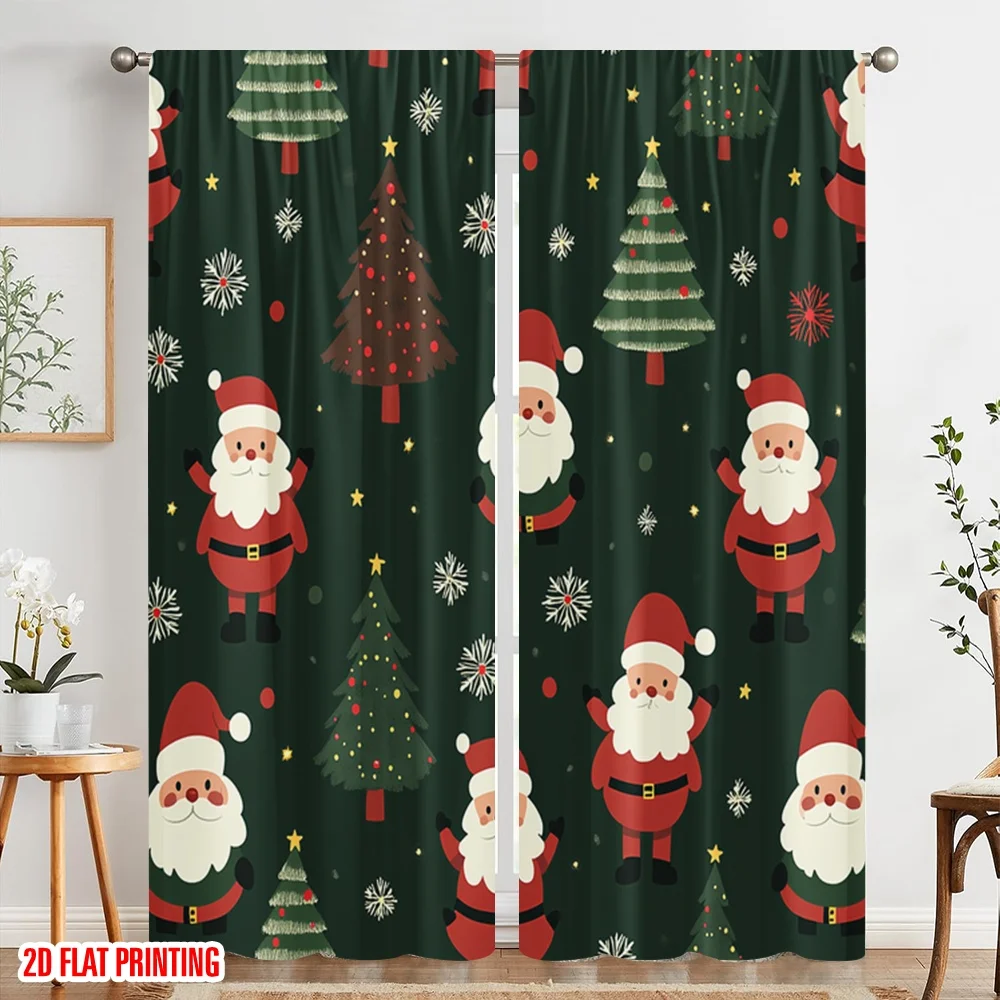 2 قطعة ، 2D طائرة الطباعة ضوء تصفية الستائر لطيف سانتا كلوز أشجار عيد الميلاد تنوعا النسيج (بدون قضيب) الزينة