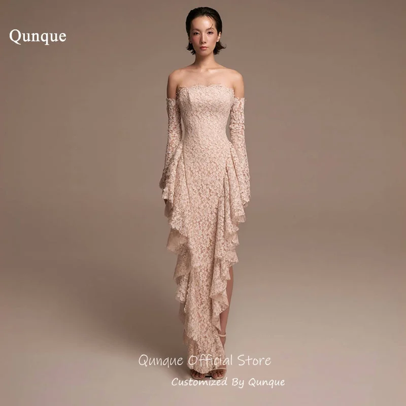 Qunque Modern Strapless Evening Dresses Lace Appliqués Vestido Festa Long Asymmetrical Ruffle Vestidos Elegantes Customized