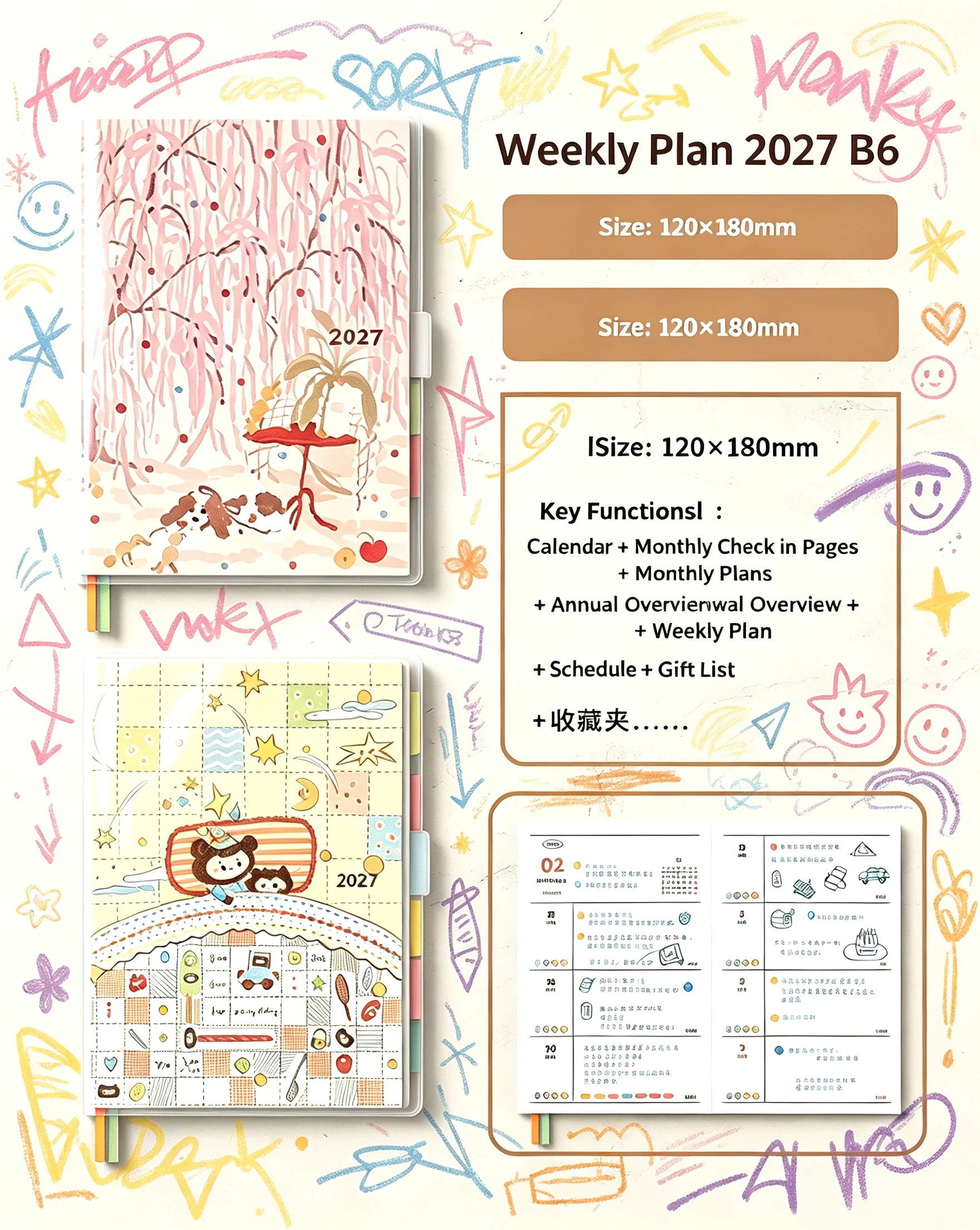 Kinbor 2027 B6 Weekly Plan Notebook Cute Illustration Agenda Planner 80g Thick Paper Journal Book Stationery Efficiency Handbook