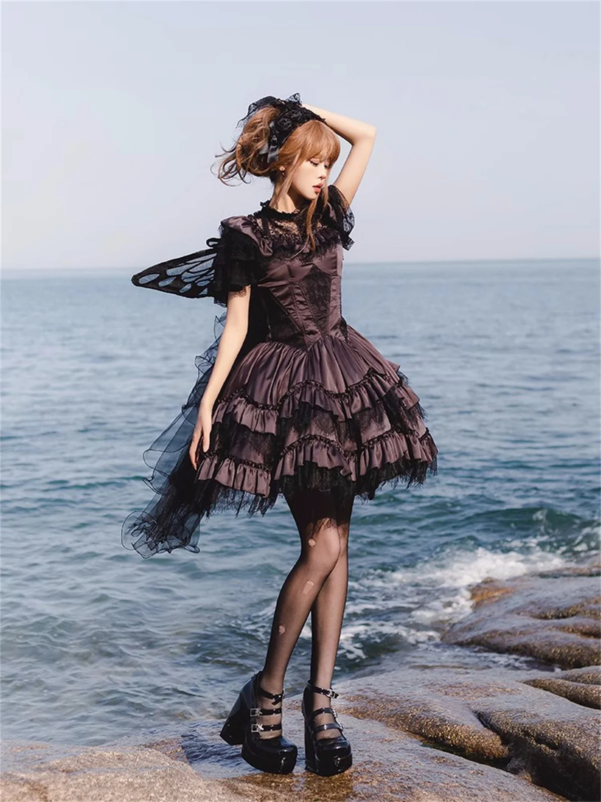 French  Vintage Jsk  Lolita Girls Cosplay Fashion Ballet Style Sexy Tunic Backless Mesh Ruffle Elegant Sweet Flower Dress