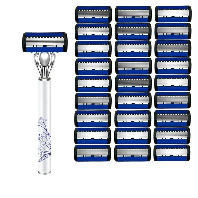 Men'S Safety Razor with 30 Blades,Ergonomic Anti-Slip Plastic Handle,Manual Metal Shaver, with Lubrication Strip