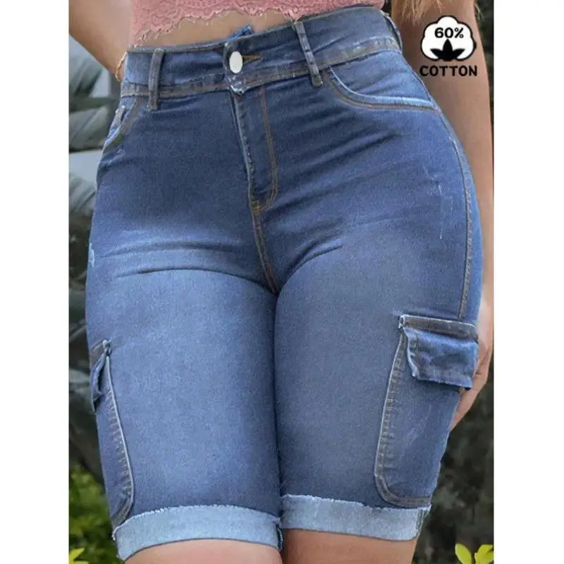 

Women's Casual Denim orts ket Design Cross-Border New Sle Ciwalk Vintage Nine-Piece Pants Micro Stretch Polyester