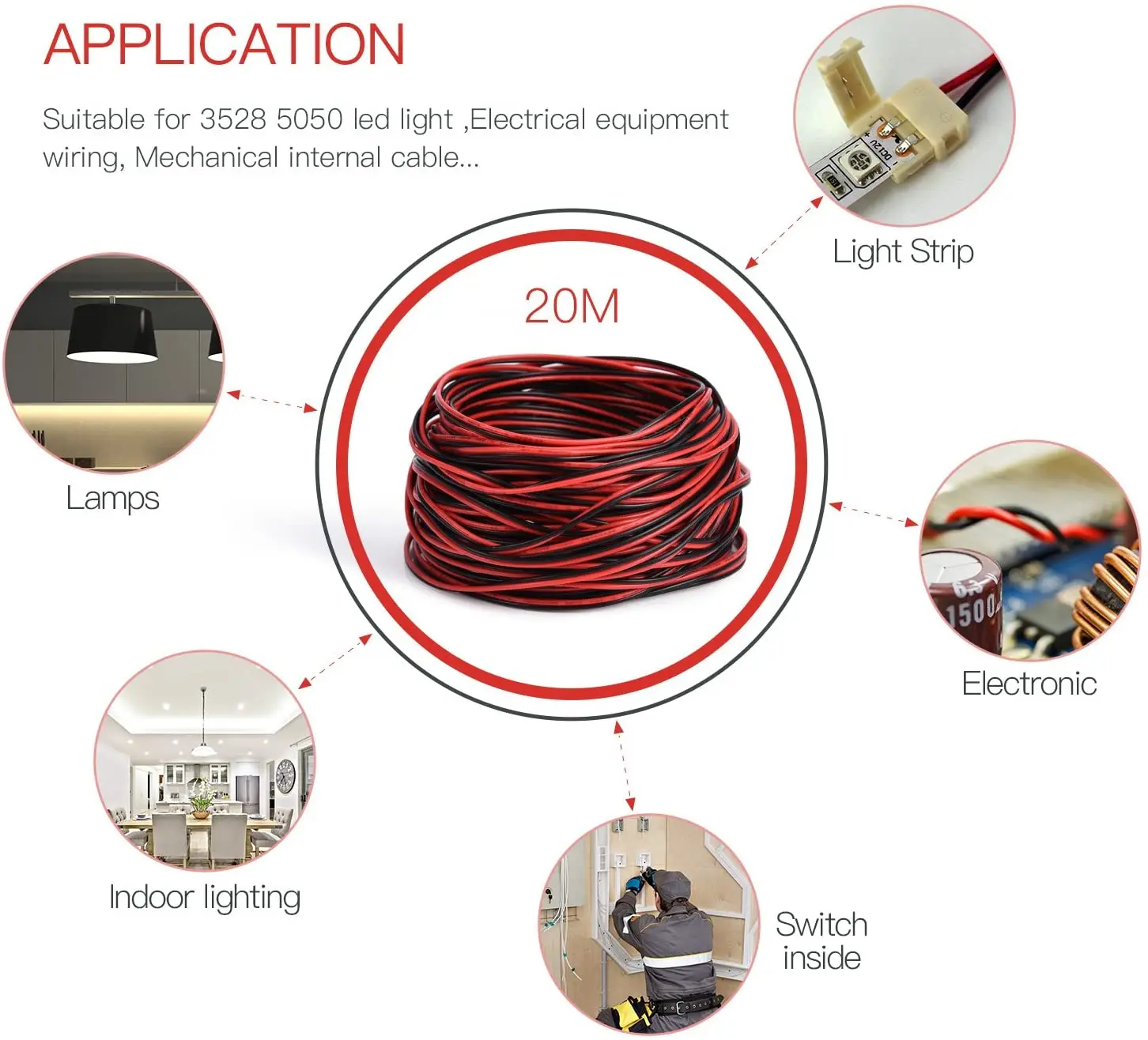 2Pin Conductive Wire Extension Cable Cord 10M 50M 100M 22AWG Red Black 2 Wire Stranded 12V Tinned Copper For Led Strips Light