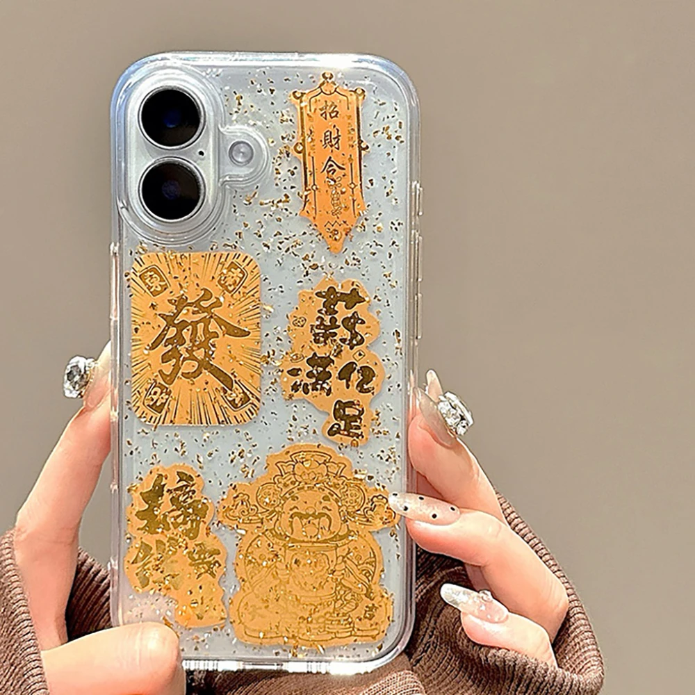 New Year God Of Wealth Gold Foil Get Rich Transparent Epoxy Phone Case For iPhone 16 15 14 13 11 12 Pro Max Plus Lovely Cover