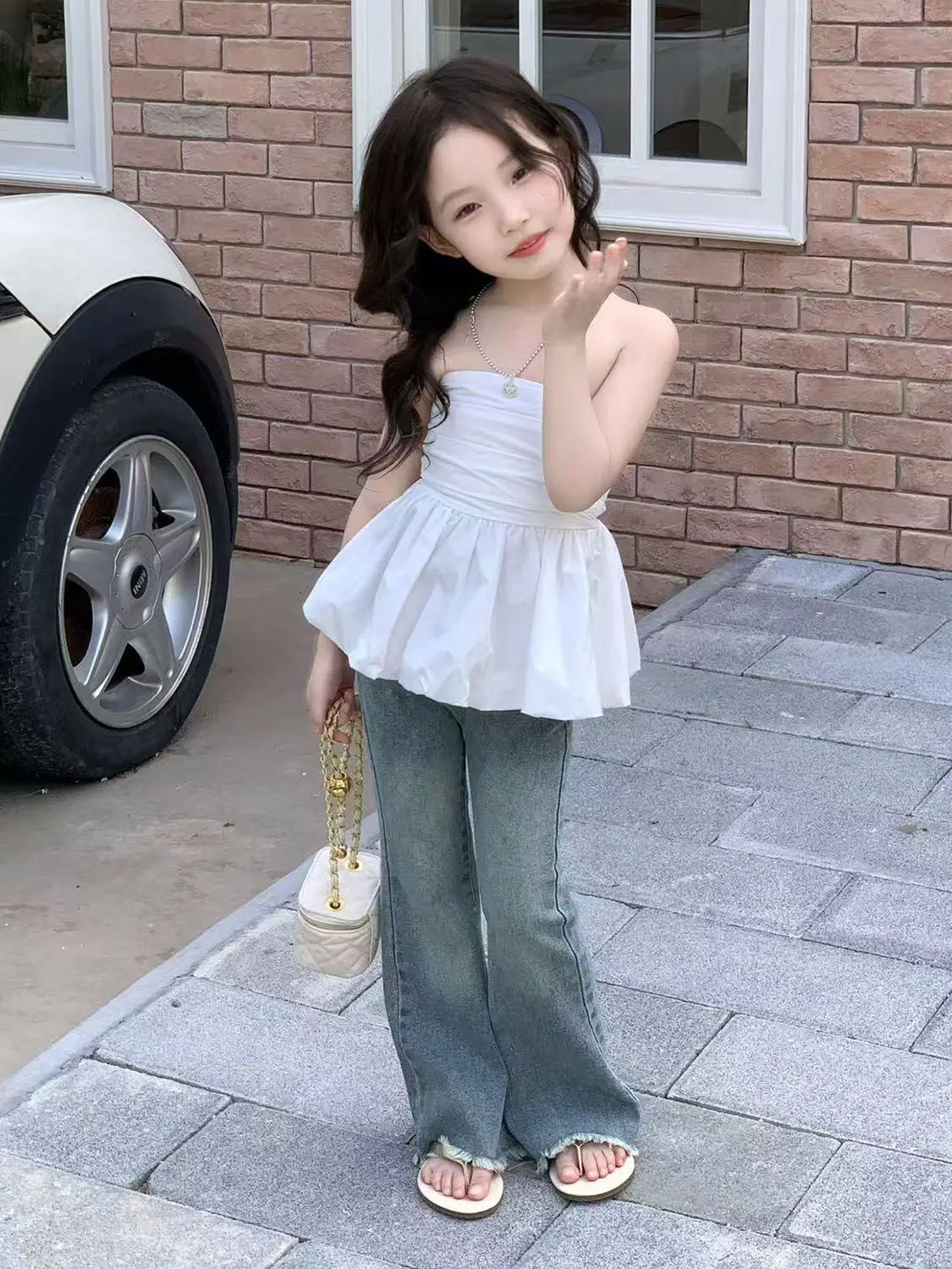 Girls' Set Summer New Children's White One Shoulder strapless Tank Top+Bellbottom Pants 2-piece Set