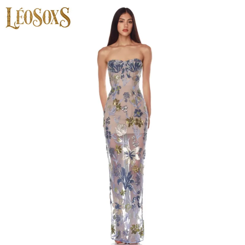 LEOSOXS 2025 New Strapless Floral Sequin Evening Dress Bodycon Fit Maxi Length Perfect for Cocktail Party Prom Nightclub