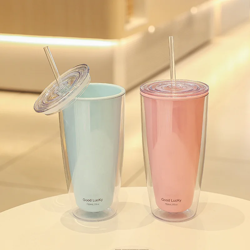 750ml Double-Layer Plastic Straw Cups With Lids Bpa Free Water Bottle For Drinking Tea Coffee Mug Juice Milk Water Cup Drinkware