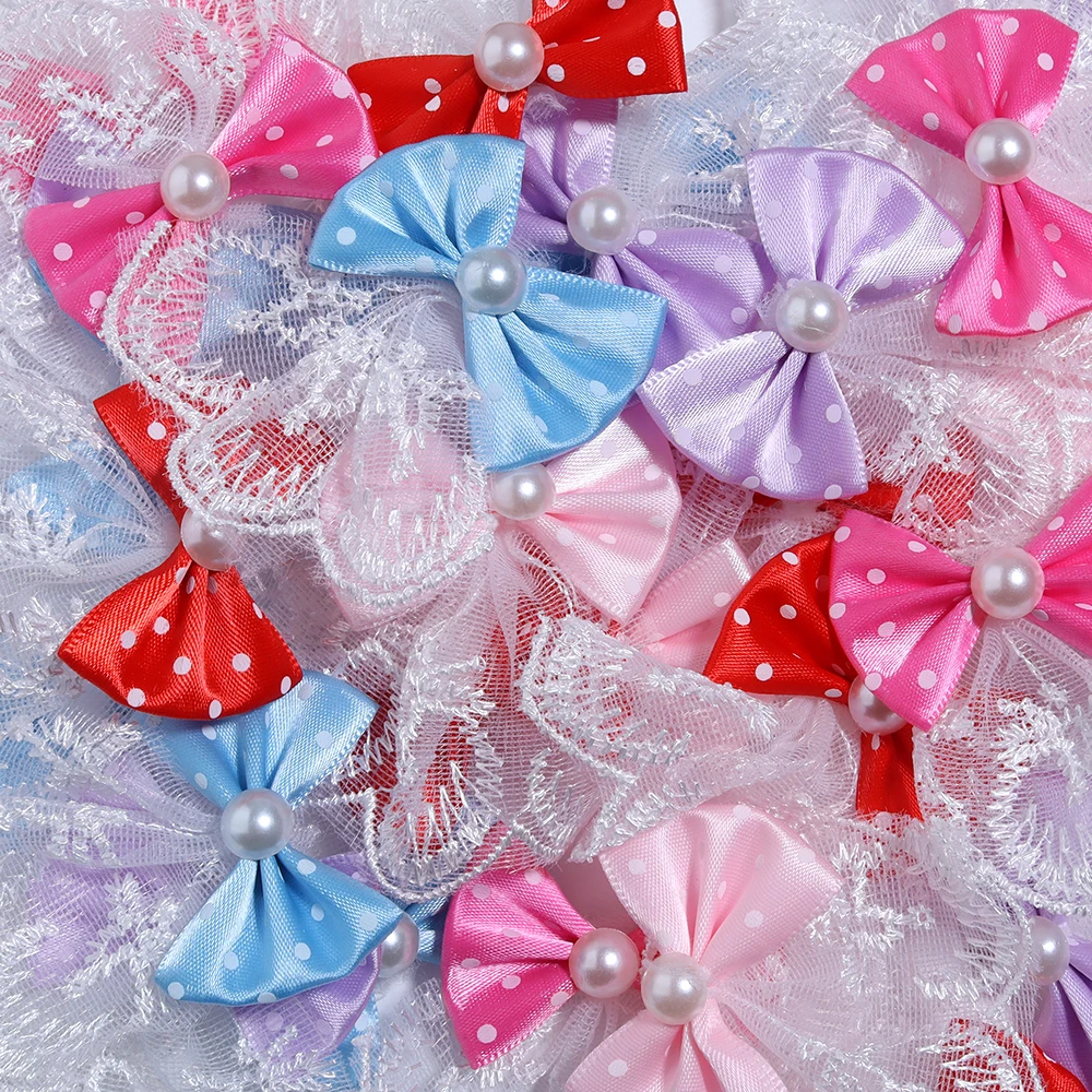 

10pcs/lot Lace of lace Polyester Polka Dot Bow Handmade Pearl Bow Clothing Hairpin Decoration Diy Jewelry Accessories Wholesale