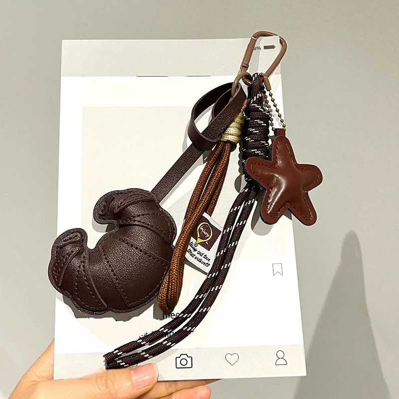Handmade Leather Croissant Keychain Brown Star Leather Bag Charm with Braided Rope, Aesthetic Keychain for Women