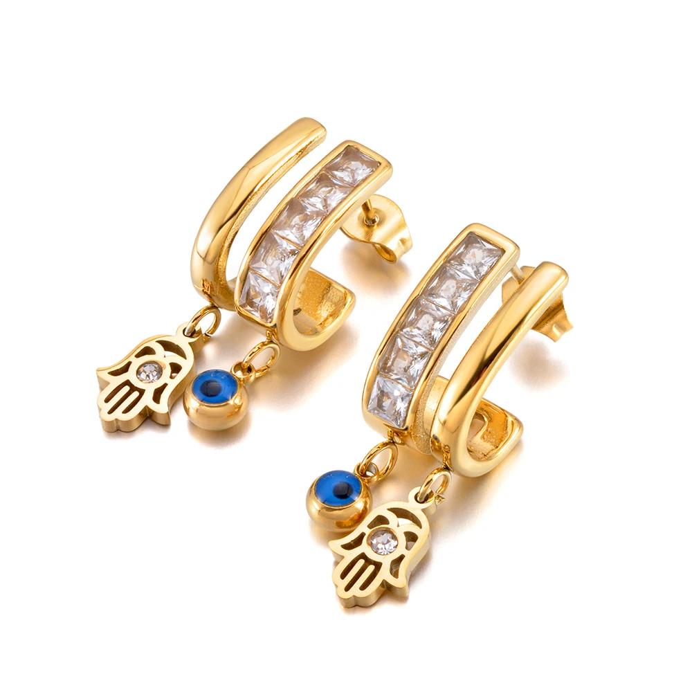 Lokaer Stainless Steel Turkish Demon Eye Hoop Earring Cubic Zirconia Fatima Hand Hollow Evil Eye Earrings for Women Gifts E26055 view 4