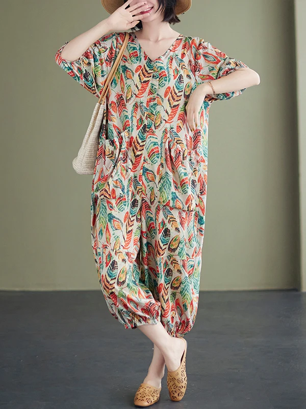 Tuta artistica con stampa retrò Estate da donna Nuovo V-ne Dimagrante Pantaloni larghi a lanterna alla moda taglie forti Pantaloni casual