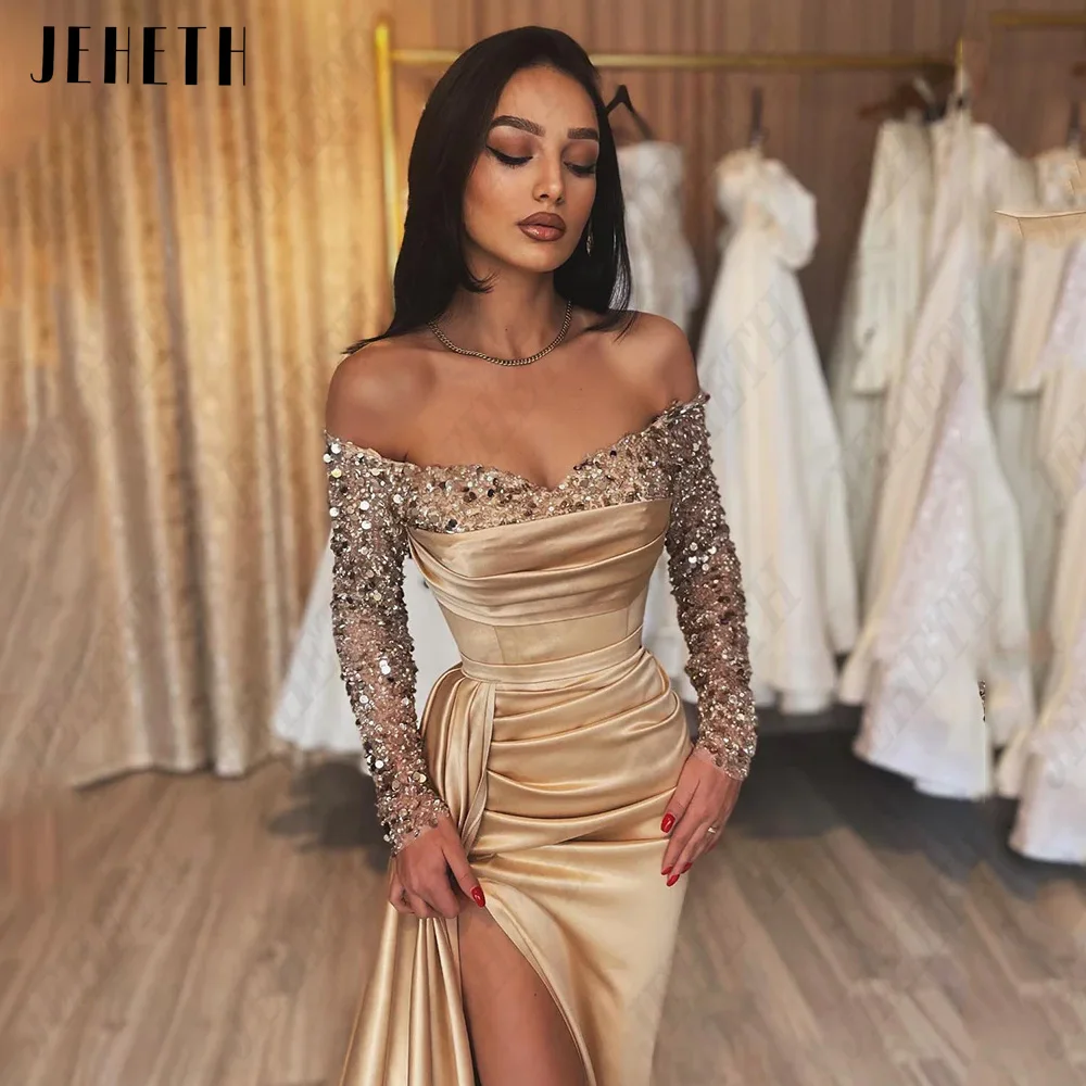 JEHETH Modern Champagne Evening Dresses Off Shoulder Sweetheart mangas compridas VestiJEHETH Modern Champagne Vestidos de noite Off Shoulder Sweetheart mangas compridas Prom Vestidos Sereia Satin 2024 vestidos de noche