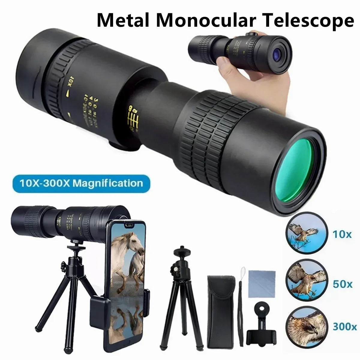 

Монокуляр с телескопическим зумом 10-300X40, HD, металлический, 4K, профессиональный, с призмами BAK4, мощный бинокль