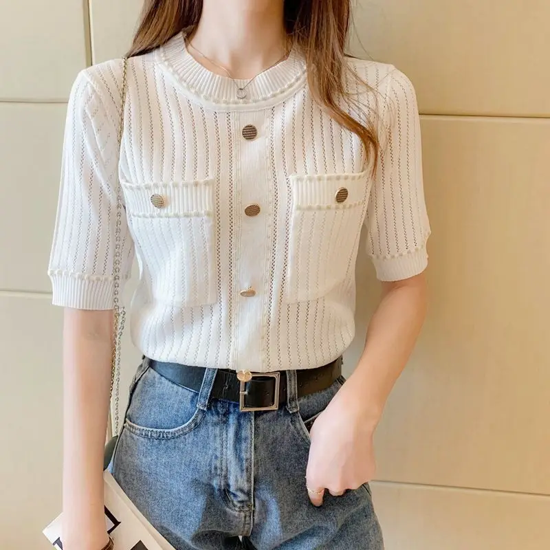 2023 Summer New Short Sleeve Knitting T-Shirts Women Round Neck Button Hollow Out Pullovers Fashion Elegant Sweet Tops Ladies