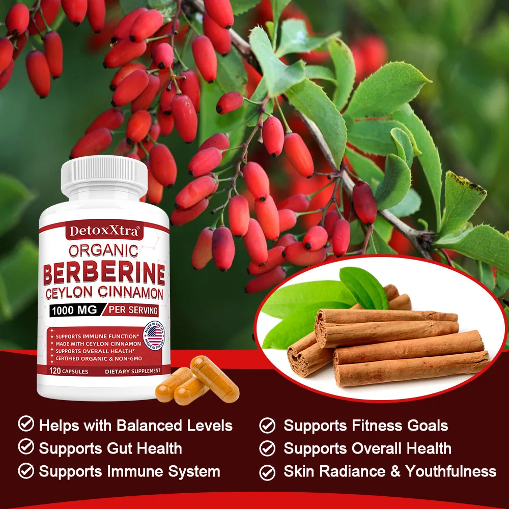 Premium Berberine Plus Organic Ceylon Cinnamon - Immune System Support, Weight Management Supplement, Non-GMO