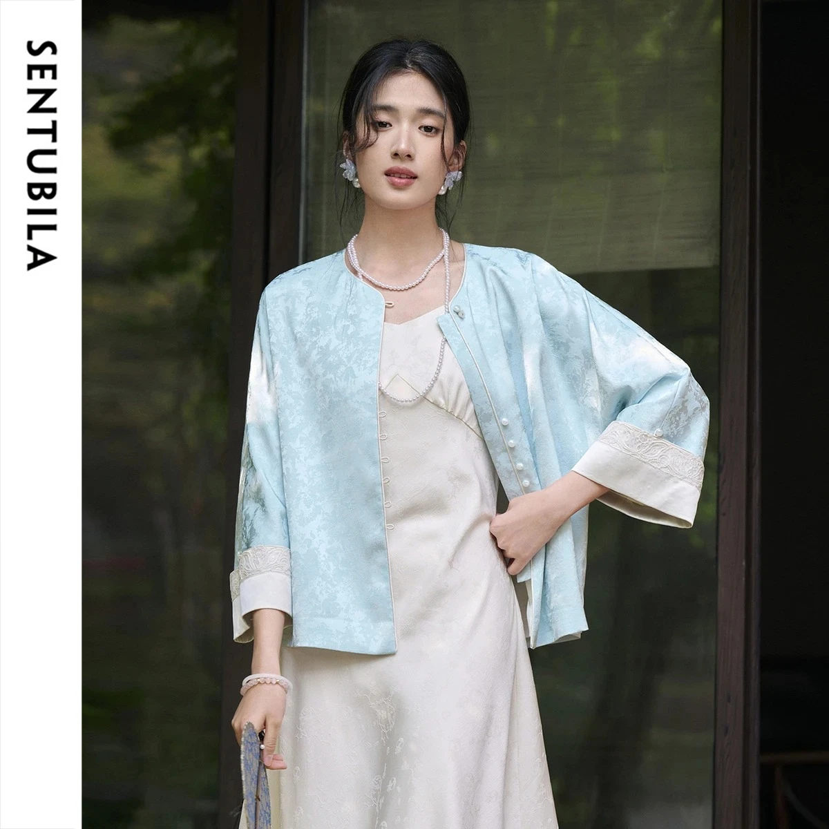 SENTUBILA Women's New Chinese Style Jacquard Satin Cardigan Jacket 2026 Spring Elegant Button Down Lace Cuffs Blouse 161WP4224