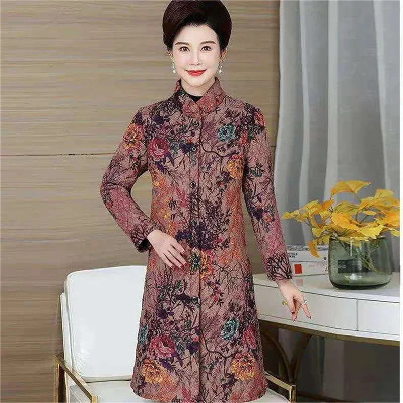 7XL Mid-Aged And Elderly Women's Winter Coat Thick Warm2022 New Mother's Padded Jacket Print Stand Collar Mid-Length Parka