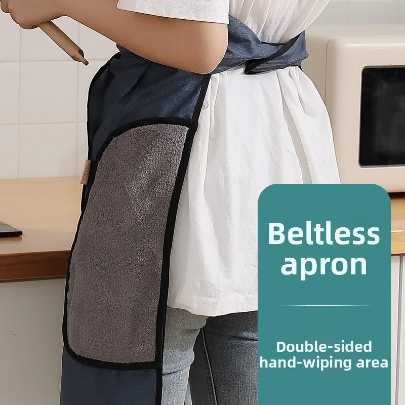 No-Tie Kitchen Apron Waterproof Oil-Resistant Hand-Wipeable Waist-On Design Fashionable Unisex Polyester Apron for Cooking