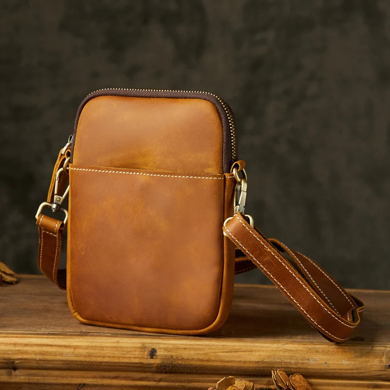 Fashion Real Genuine Leather Cross body Sling Bag Vintage Full Grain Cowhide Shoulder Bag Outdoor Crazy Horse Leather Mini Bag