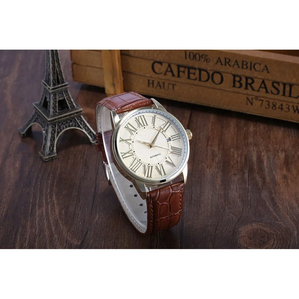 

Automatic Mechanical Watch Stainless Steel PU Band Men Wristwatch Golden Brown Display Hour Minute Second Not Swim Diving Shower