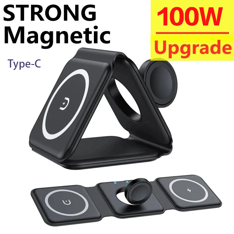 100W 3 in 1 Magnetic Wireless Charger Pad for iPhone 14 13 12 Pro Max Apple Watch AirPods Chargers Fast Charging Dock Station